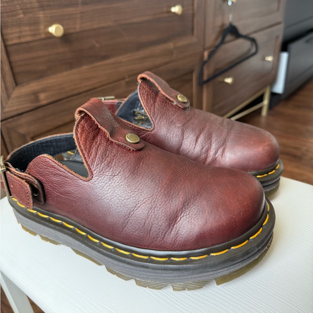 Dr. Martens Women's Burgundy Leather Slip-On Clogs with Yellow Stitching